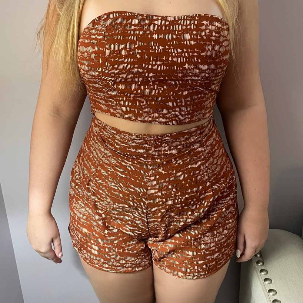 Windsor printed light brown/burnt orange two piece shorts and crop top set